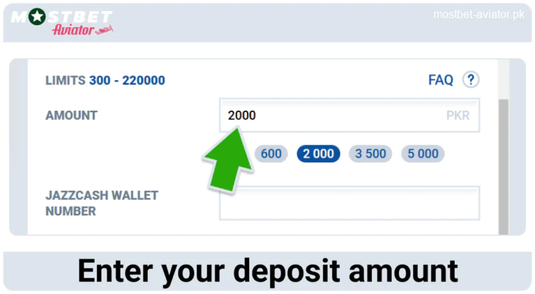 Enter the Deposit Amount in Mostbet Aviator Pakistan