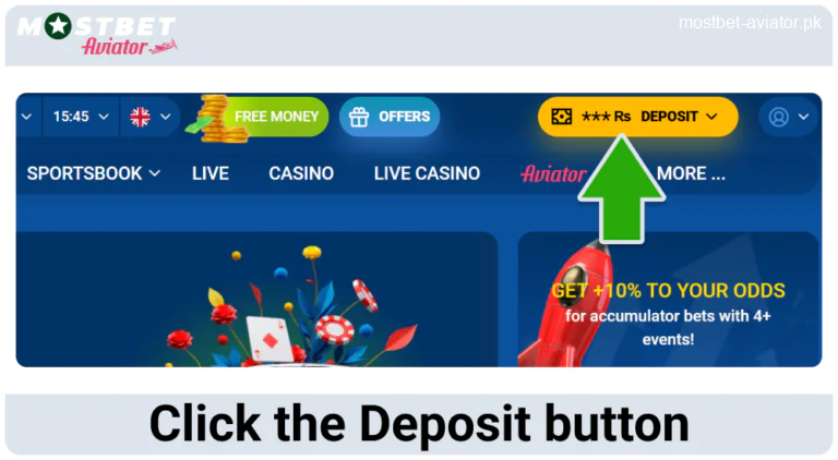 Click the Deposit Button in Mostbet Aviator PK