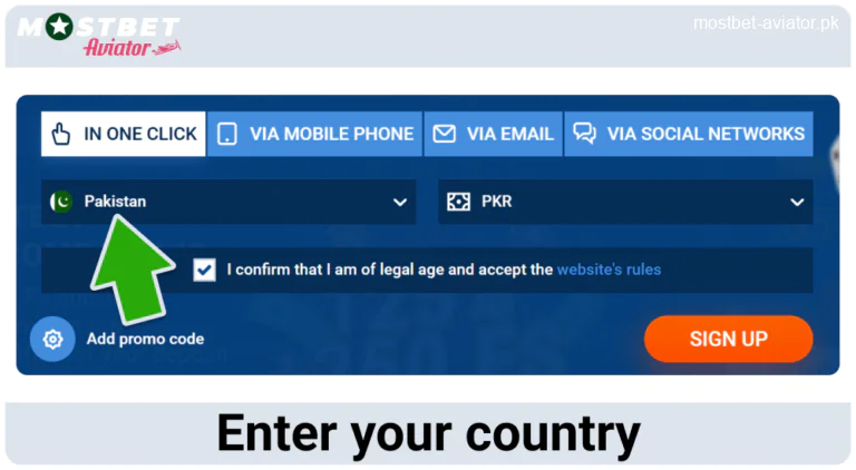 Select Your Country in Mostbet Aviator PK