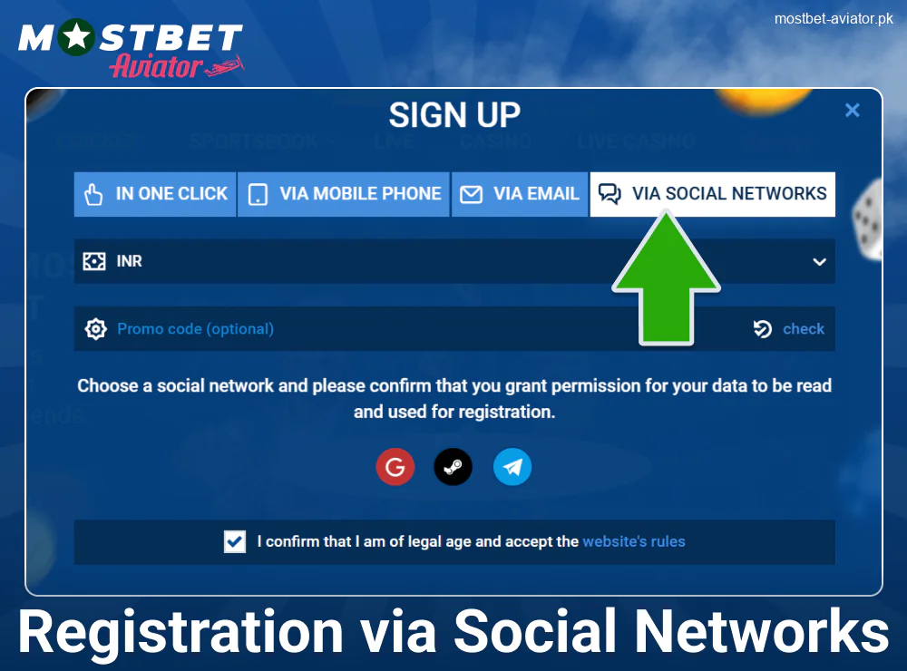 Create an Account via Social Media in Mostbet Aviator PK