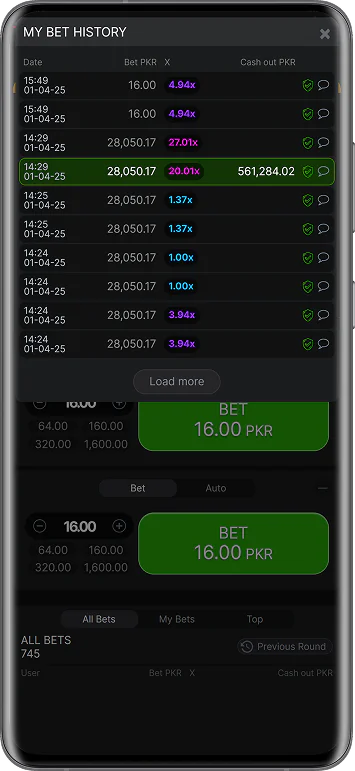 Mostbet Aviator Pakistan betting history screenshot