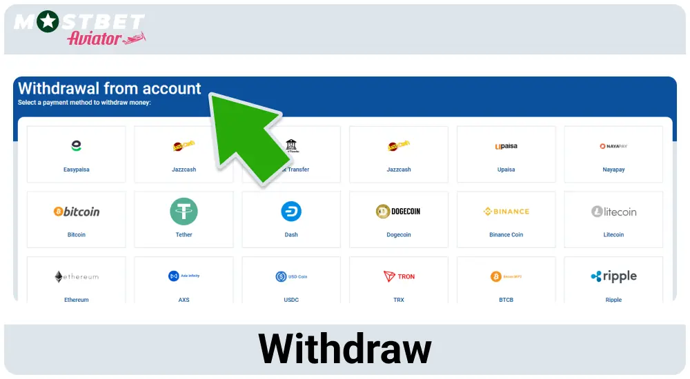 Withdraw funds to Mostbet Aviator PK