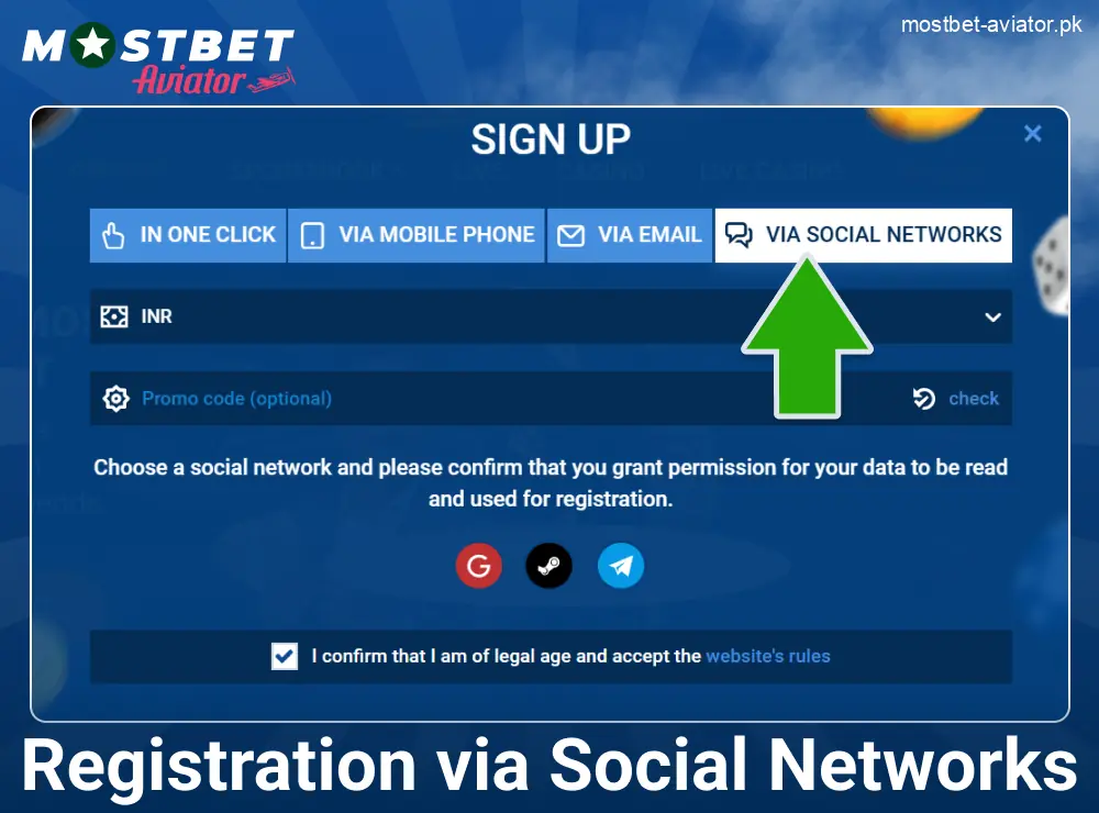 Create an Account via Social Media in Mostbet Aviator PK